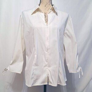Women's White Zip Front Collar Blouse XL - Classic Structured Versatile Academia